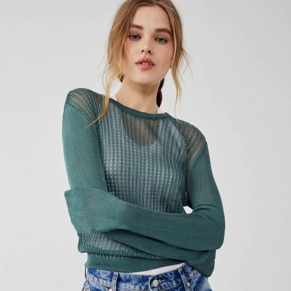 NWT Free People Crew Neck Pullover Sweater H20 green jaded Viscose light Sheer